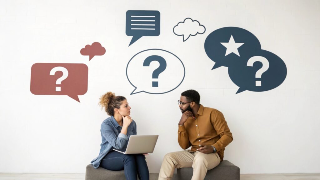 Section FAQ avec icônes stylisées représentant les questions fréquentes sur les compétences entrepreneuriales"