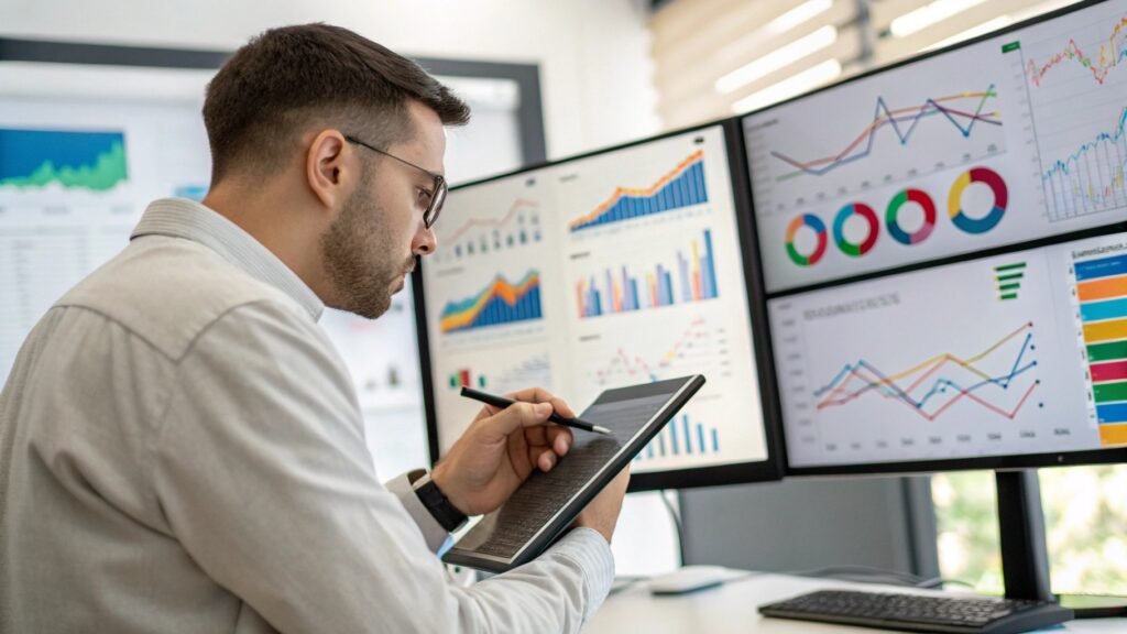 Entrepreneur analysant des tableaux de bord analytiques pour prendre des décisions stratégiques"
