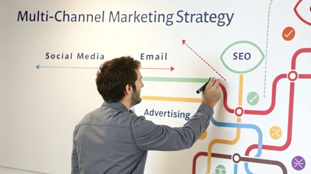 "Entrepreneur élaborant une stratégie marketing digital multicanal sur un tableau interactif