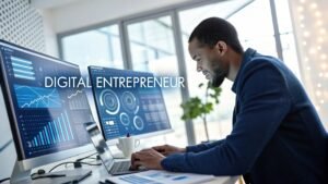 Un entrepreneur digital concentré devant plusieurs écrans montrant des graphiques de croissance et des visualisations de données, dans un bureau moderne éclairé, ambiance bleue et blanche.