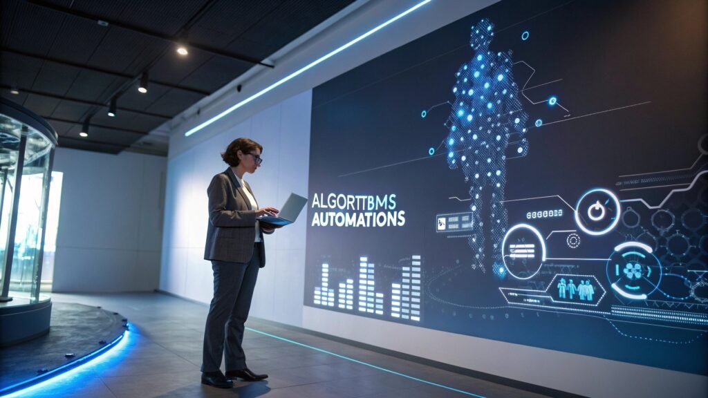 "Entrepreneur interagissant avec des interfaces d'intelligence artificielle pour analyser des données business"