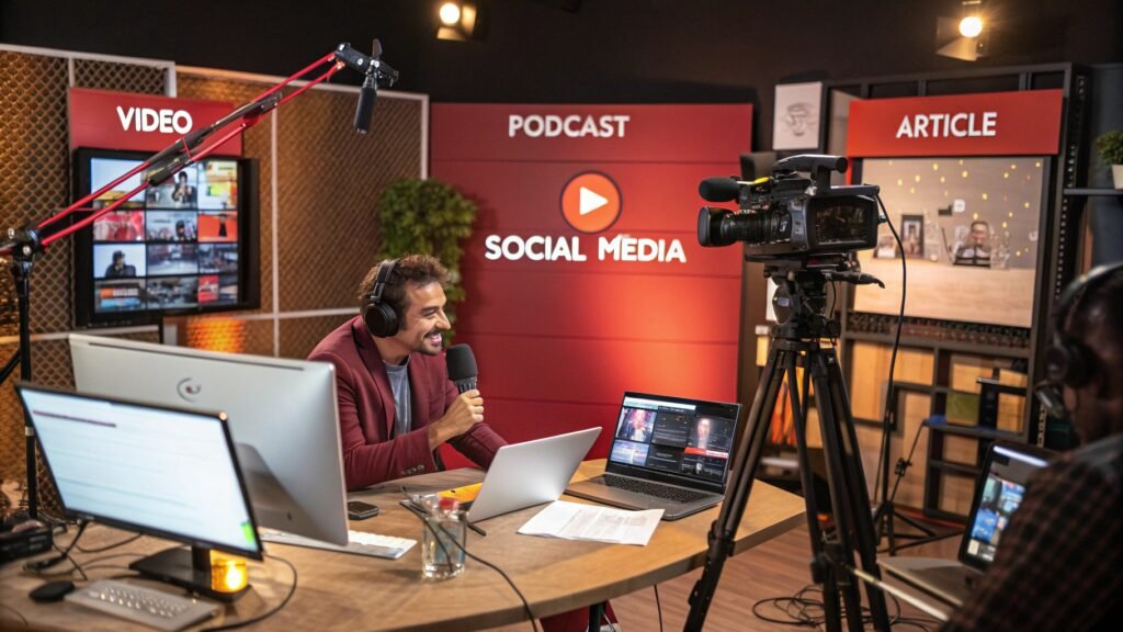 "Entrepreneur créant du contenu persuasif sur différents formats et canaux de communication"