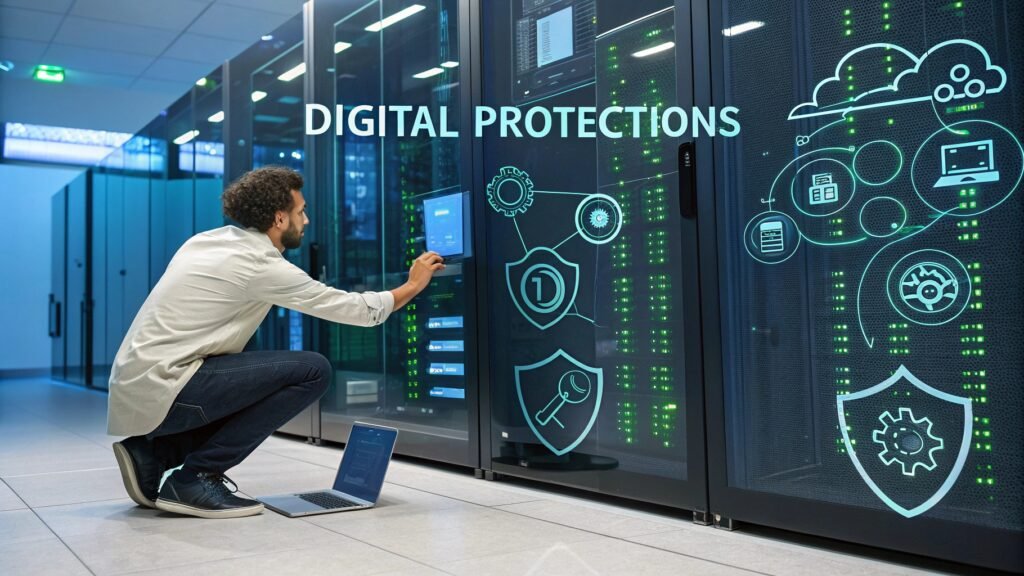 "Entrepreneur implémentant des mesures de cybersécurité pour protéger des données et actifs digitaux"
