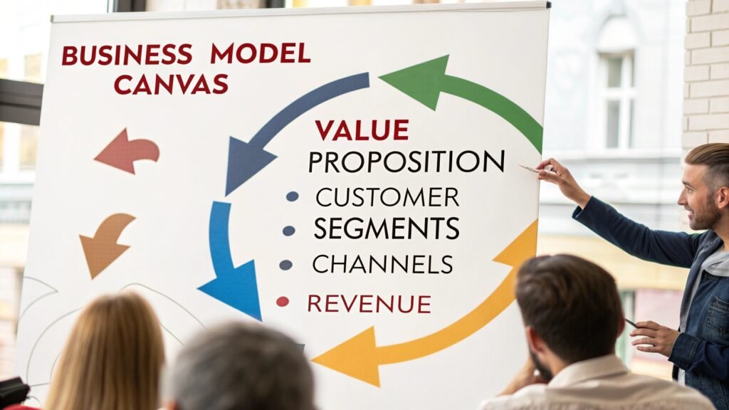 Infographie des interactions entre les blocs du Business Model Canvas.