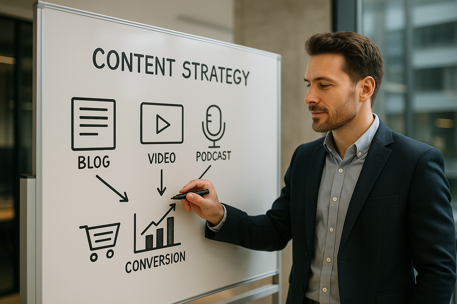 "Entrepreneur dynamique dessinant une stratégie de content marketing sur tableau blanc avec icônes blog, vidéo, podcast et symboles de conversion"